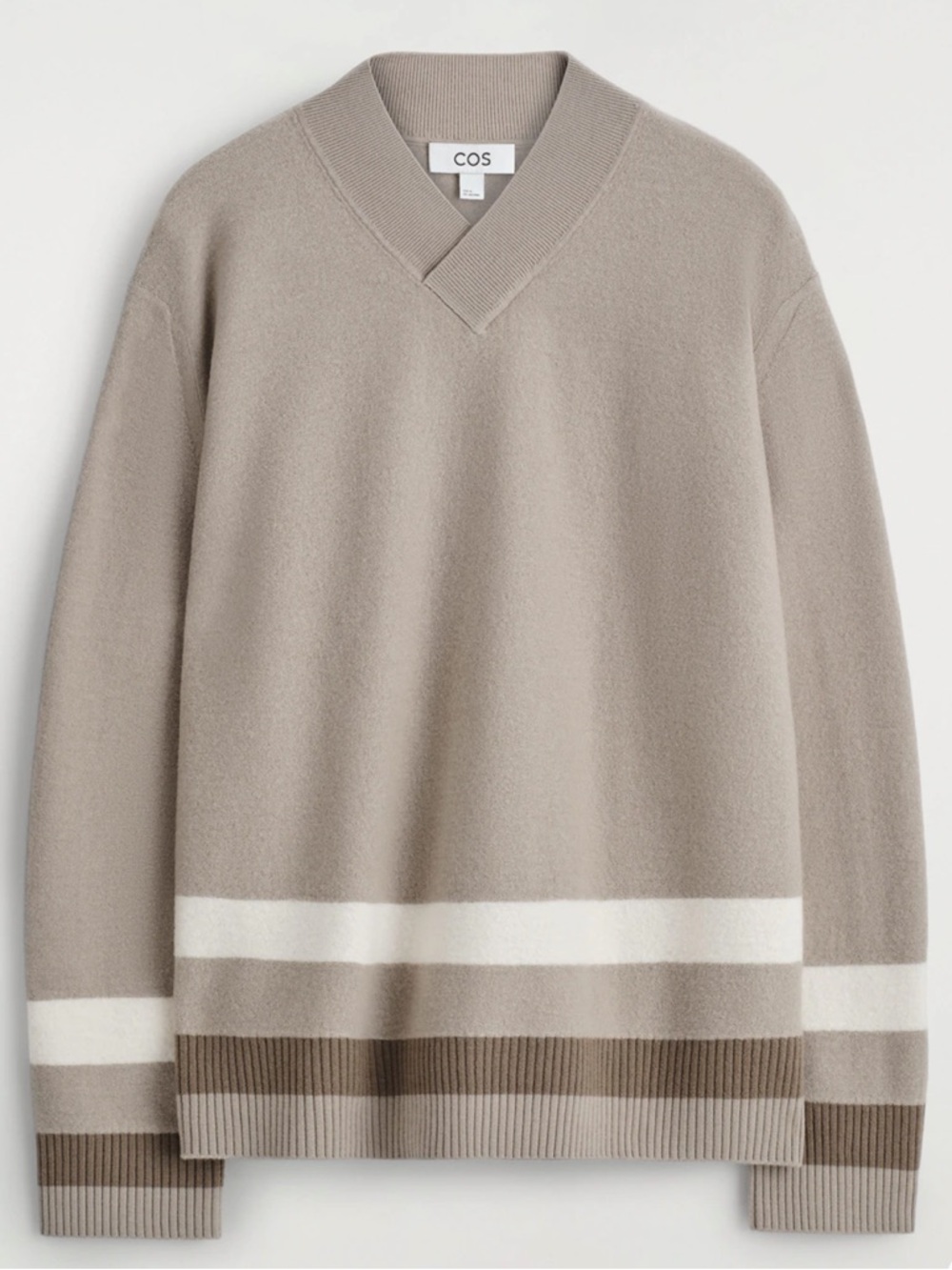 COS Women’s Taupe and Cream Striped Boiled- Wool V-Neck Sweater